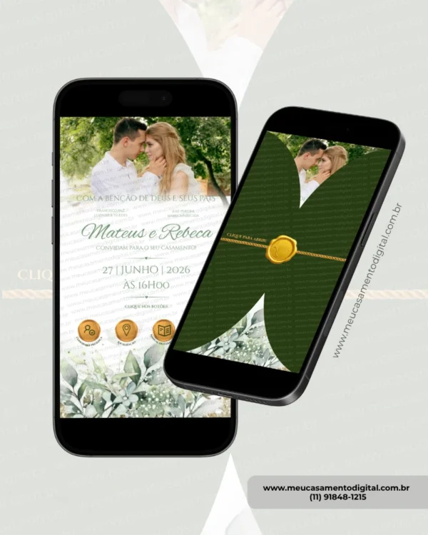 Parte principal do convite de casamento interativo verde oliva exibida em celulares.