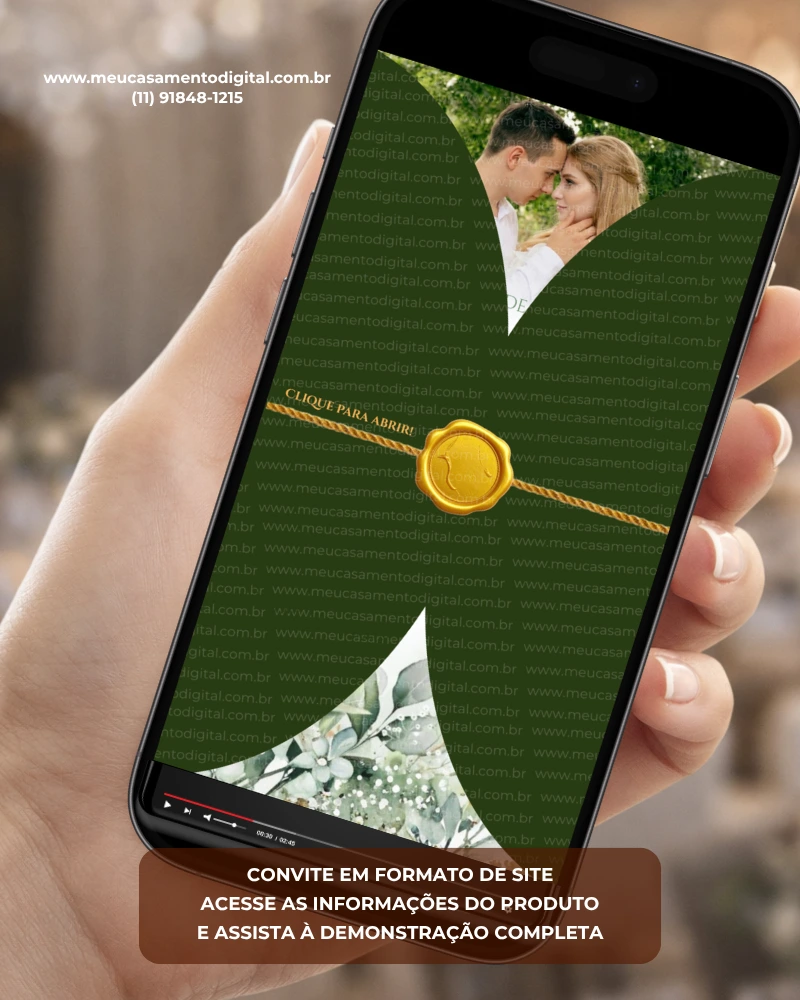 Convite de casamento interativo verde oliva com envelope digital e lacre dourado exibido no celular.