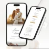 Página interna do convite de casamento branco e dourado com fotos, exibida em smartphones, com foto do casal, informações da cerimônia e recursos interativos.