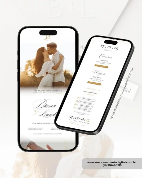 Página interna do convite de casamento branco e dourado com fotos, exibida em smartphones, com foto do casal, informações da cerimônia e recursos interativos.