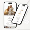Parte interna do convite de casamento clássico branco exibida em smartphones, com foto do casal, informações do casamento e detalhes elegantes.