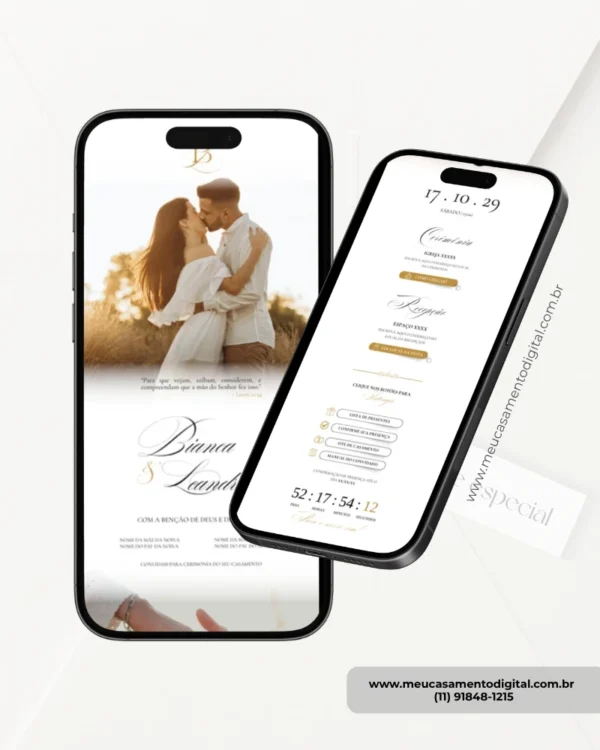 Parte interna do convite de casamento clássico branco exibida em smartphones, com foto do casal, informações do casamento e detalhes elegantes.