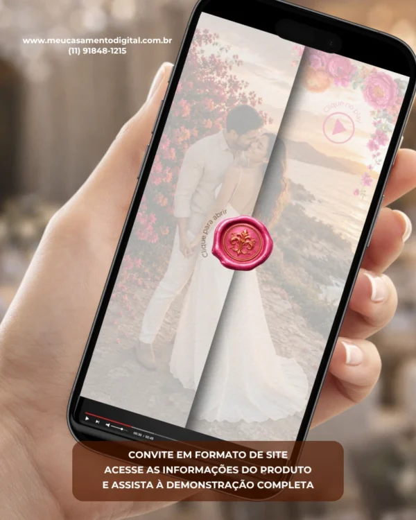 Convite de casamento interativo com envelope digital rosa e laranja exibido em smartphone, com foto do casal e selo de cera rosa.