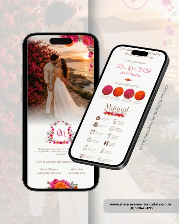 Parte interna do convite de casamento interativo com envelope digital rosa e laranja exibida em smartphones, com foto do casal, informações do evento e botões interativos.