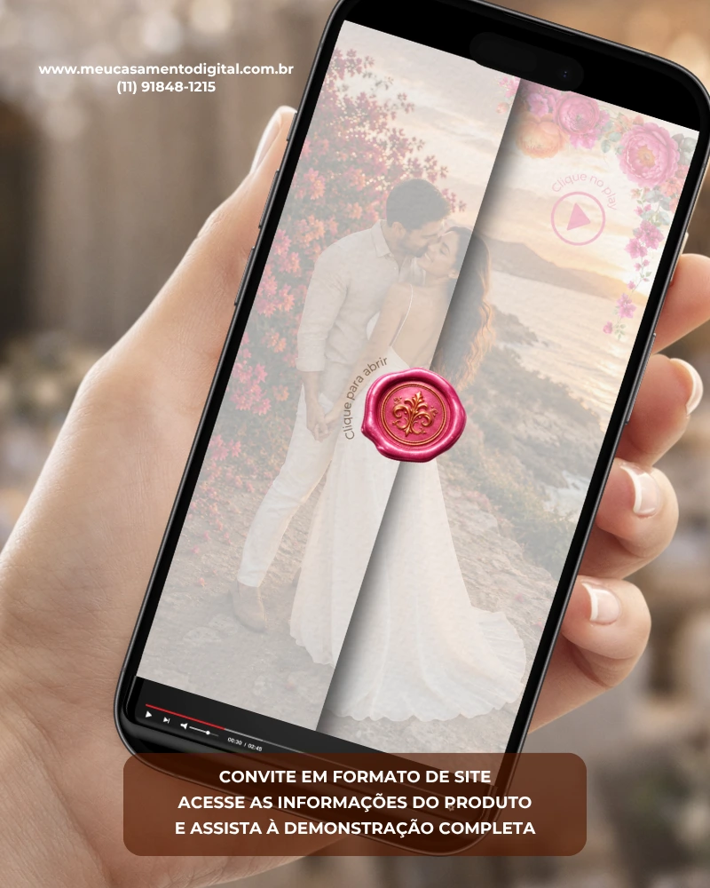 Convite de casamento interativo com envelope digital rosa e laranja exibido em smartphone, com foto do casal e selo de cera rosa.