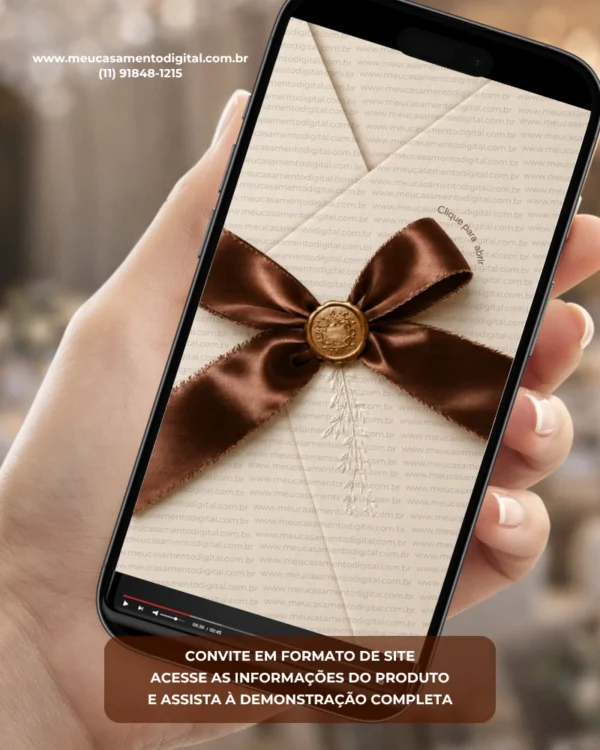 Convite Interativo com Envelope Digital Marrom para casamento exibido em smartphone