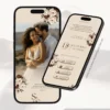 Convite interativo com envelope digital marrom parte interna exibido em smartphones com foto do casal e informações do casamento.
