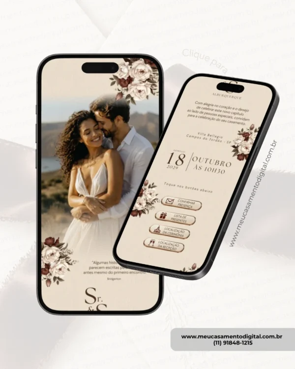 Convite interativo com envelope digital marrom parte interna exibido em smartphones com foto do casal e informações do casamento.
