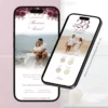 Parte interna do convite interativo com envelope digital marsala exibida em smartphones, com foto do casal, flores marsala e informações do casamento.
