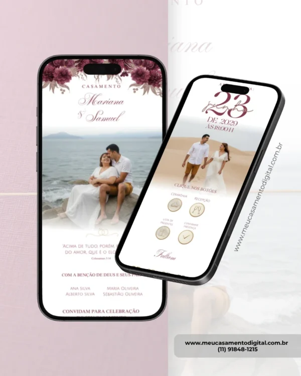 Parte interna do convite interativo com envelope digital marsala exibida em smartphones, com foto do casal, flores marsala e informações do casamento.