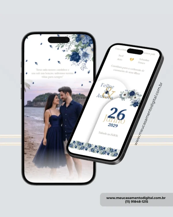 Parte interna do convite para casamento azul marinho exibida em smartphones, com foto do casal, flores azuis e informações do casamento.