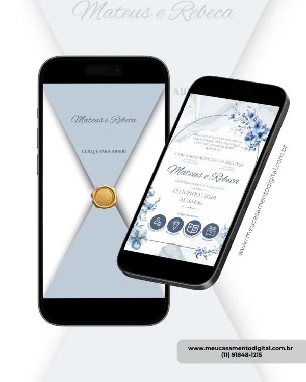 Parte interna do convite para casamento azul serenity exibida em smartphones, com foto do casal, detalhes florais e informações do evento.
