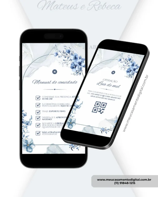 Convite para casamento azul serenity com sugestão de presente exibido em smartphones, com flores azuis e QR Code.