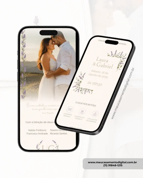 Parte interna do convite para casamento lavanda com foto, exibida em smartphones com informações do casamento e detalhes florais.