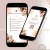 Telas do manual do convidado e sugestão de presente do convite para casamento terracota interativo com envelope digital exibidas em smartphones.