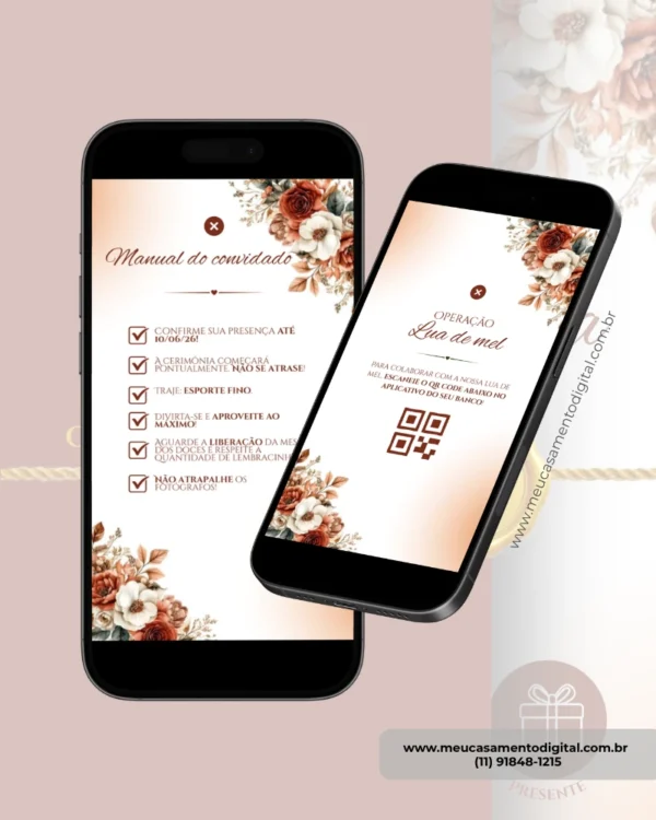 Telas do manual do convidado e sugestão de presente do convite para casamento terracota interativo com envelope digital exibidas em smartphones.