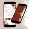Parte interna do convite para casamento terracota interativo com envelope digital exibida em smartphone, com botões para confirmação de presença, localização, manual dos padrinhos e lista de presentes.