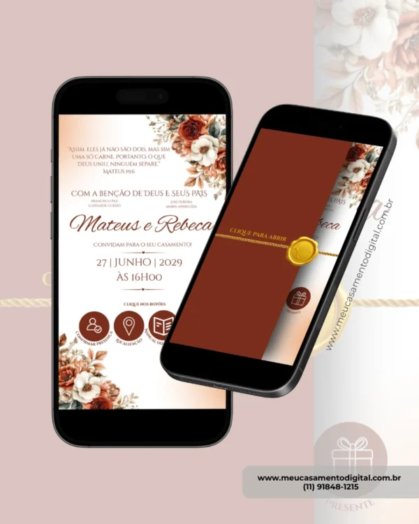 Parte interna do convite para casamento terracota interativo com envelope digital exibida em smartphone, com botões para confirmação de presença, localização, manual dos padrinhos e lista de presentes.