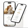 Parte interna do modelo de convite de casamento branco e dourado com fotos, exibida em smartphones com foto do casal, informações da cerimônia e botões interativos.