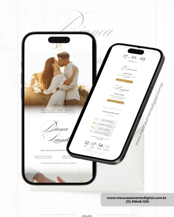 Parte interna do modelo de convite de casamento branco e dourado com fotos, exibida em smartphones com foto do casal, informações da cerimônia e botões interativos.