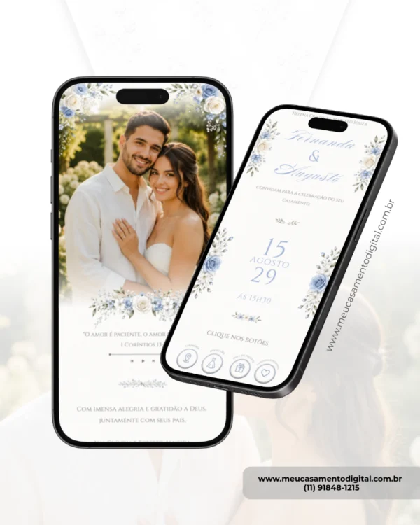 Convite azul serenity para casamento com fotos exibido em dois celulares, com flores em tons de azul e branco e layout elegante.