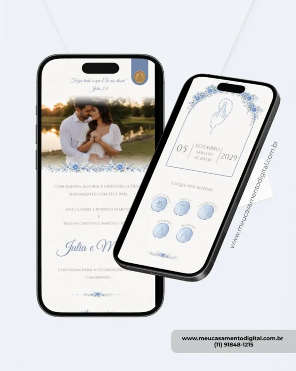 Página interna de convite azul serenity para casamento, com design digital delicado, informações do evento e detalhes elegantes em tons de azul.
