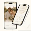 ágina interna de convite de casamento amarelo digital com design delicado, informações do casamento e detalhes elegantes exibidos na tela de um celular.