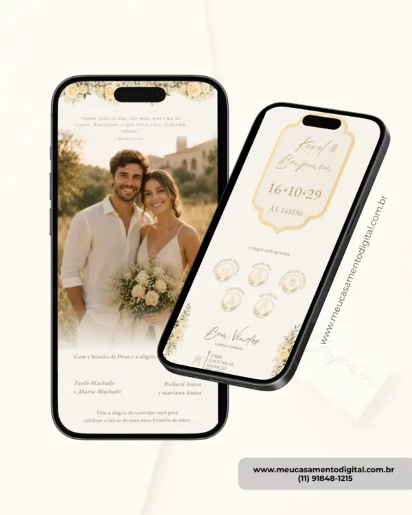 ágina interna de convite de casamento amarelo digital com design delicado, informações do casamento e detalhes elegantes exibidos na tela de um celular.