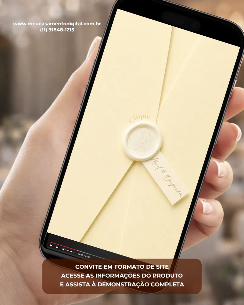 Convite de casamento amarelo digital com envelope elegante, selo delicado e detalhes sofisticados exibido na tela de um celular.