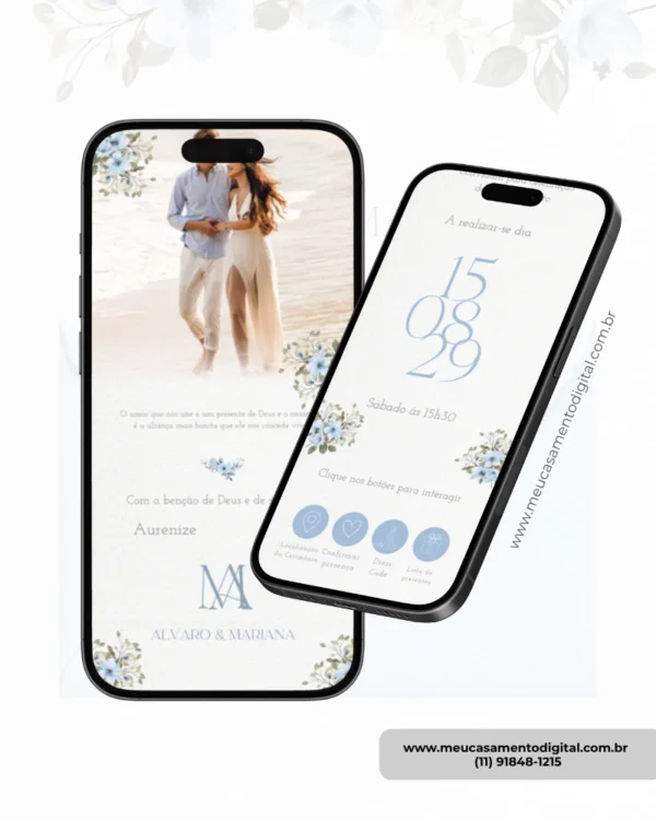 Convite de casamento azul celeste em formato digital, exibido em dois celulares, com fotos do casal, flores delicadas e botões interativos.