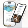 Convite de casamento azul marinho com fotos página interna exibido em dois celulares, mostrando fotos dos noivos, informações do casamento e recursos interativos.
