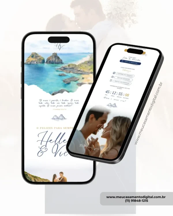 Convite de casamento azul marinho com fotos página interna exibido em dois celulares, mostrando fotos dos noivos, informações do casamento e recursos interativos.