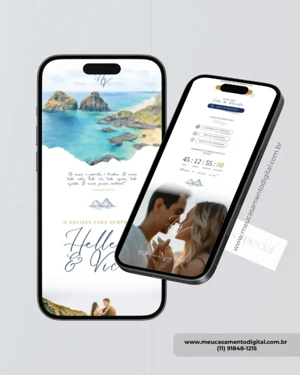 Convite de casamento azul marinho página interna exibido em dois celulares, mostrando fotos dos noivos, informações do casamento e recursos interativos.