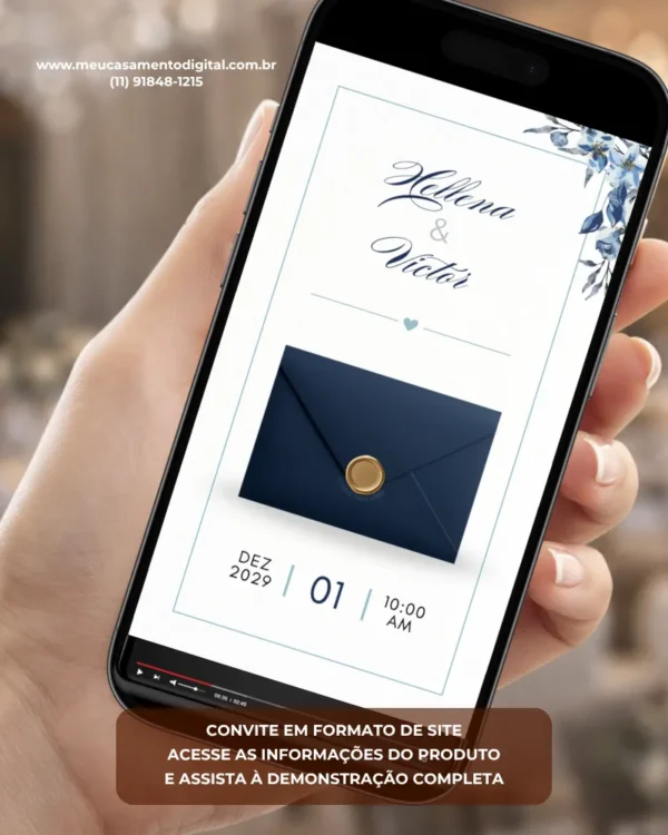 Convite de casamento azul petróleo digital com envelope elegante, selo dourado e detalhes florais.