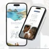 Convite de casamento azul petróleo com fotos página interna exibido em formato digital, mostrando fotos dos noivos, informações do casamento e recursos interativos.
