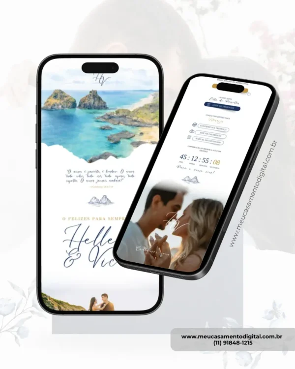 Convite de casamento azul petróleo com fotos página interna exibido em formato digital, mostrando fotos dos noivos, informações do casamento e recursos interativos.
