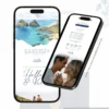 Convite de casamento azul petróleo página interna exibindo detalhes do design digital com envelope em tom azul escuro e acabamento elegante.