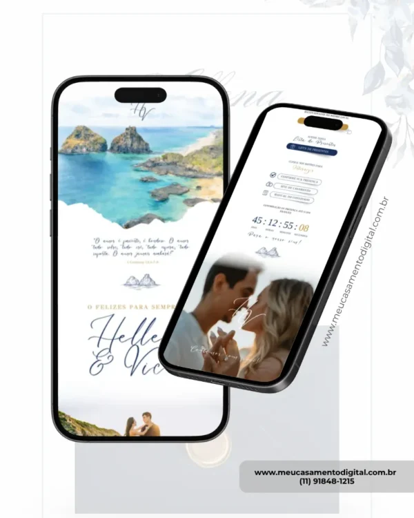 Convite de casamento azul petróleo página interna exibindo detalhes do design digital com envelope em tom azul escuro e acabamento elegante.