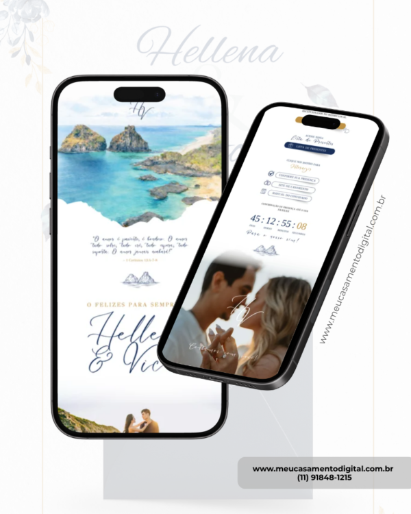 Convite de casamento com envelope digital azul petróleo parte interna exibido em dois celulares, com fotos dos noivos, informações da cerimônia e recursos interativos.