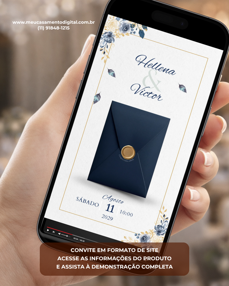Convite de casamento com envelope digital azul petróleo exibido em um celular, com detalhes florais em azul e dourado e design elegante.