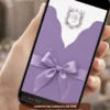Convite de casamento lilás digital com envelope em tom de lilás, laço delicado e detalhes florais elegantes, exibido na tela de um celular.