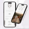 Convite de casamento lilás página interna exibido em dois celulares, com detalhes florais em tons de lilás e foto do casal.