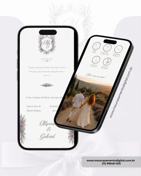 Convite de casamento lilás página interna exibido em dois celulares, com detalhes florais em tons de lilás e foto do casal.