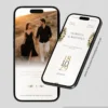 Página interna de convite de casamento preto com design digital elegante, informações do casamento e detalhes sofisticados.
