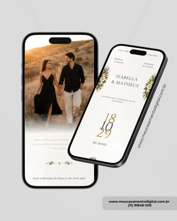 Página interna de convite de casamento preto com design digital elegante, informações do casamento e detalhes sofisticados.