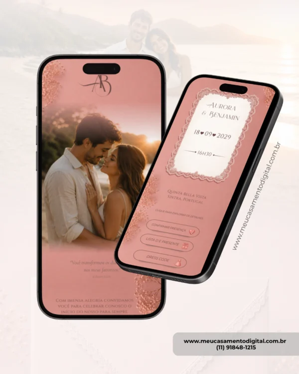 Convite de casamento rosa antigo em formato digital, exibido em dois celulares, com foto do casal, informações do evento e botões interativos.