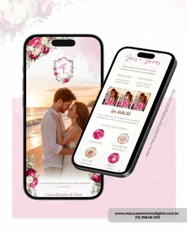 Convite de casamento rosa fúcsia página interna em formato digital, exibido em celular, com flores em tons de rosa e envelope elegante.