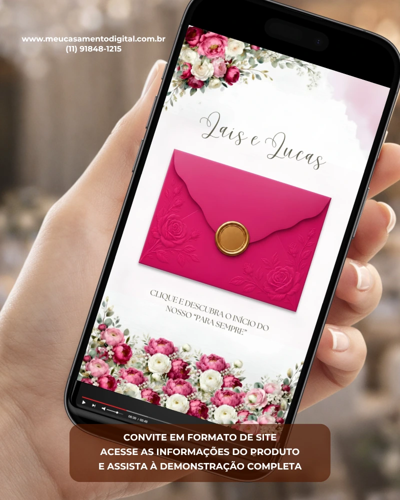 Convite de casamento rosa fúcsia digital exibido em celular, com envelope rosa vibrante, flores em tons de rosa e branco e selo dourado.