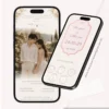 Convite de casamento rosa em formato digital, exibido em dois celulares, com foto do casal, detalhes florais e botões interativos.