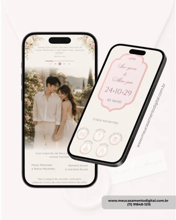 Convite de casamento rosa em formato digital, exibido em dois celulares, com foto do casal, detalhes florais e botões interativos.